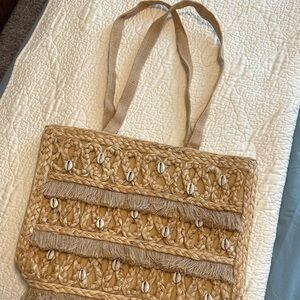 Natural Woven Straw Tote Bag with Shell Accents